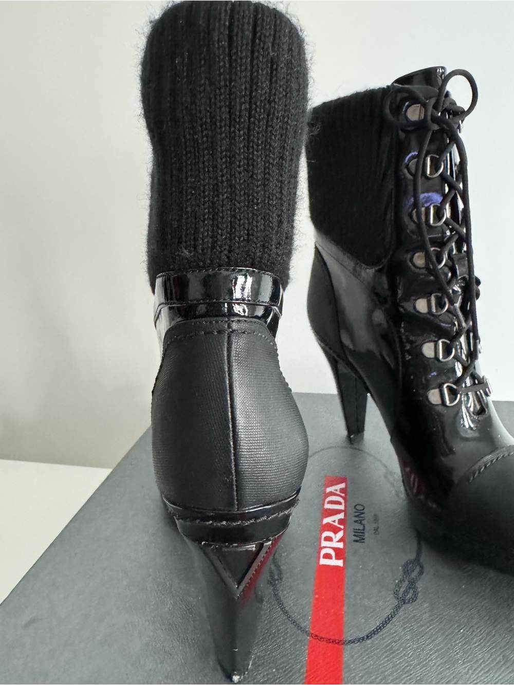 Prada Black Patent Lace-Up Knit-Cuff Ankle Boots - Picture 3 of 7